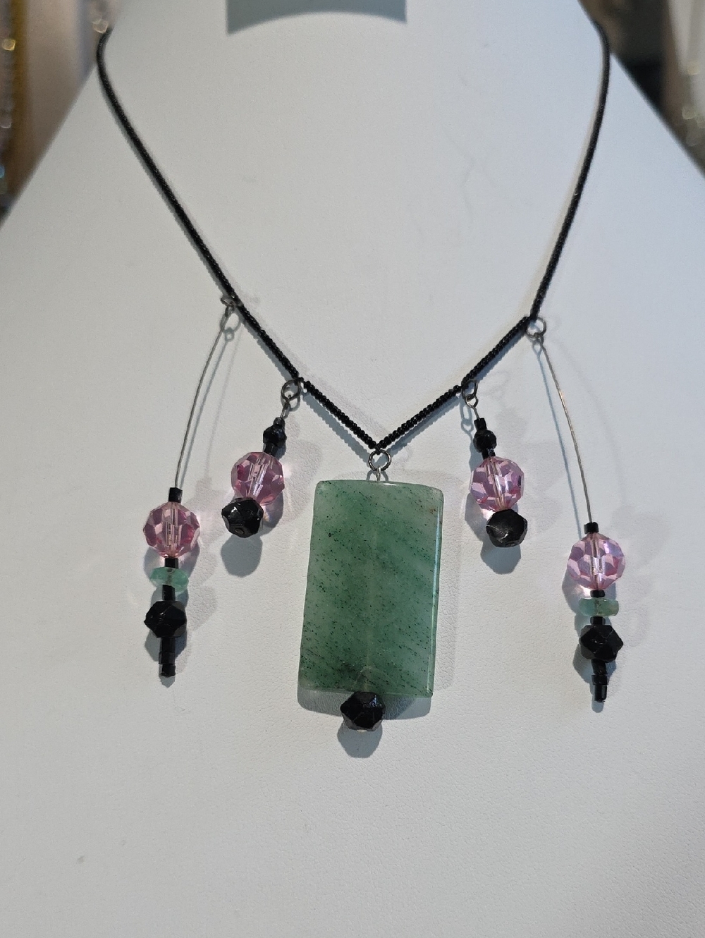 Handmade Green Stone Pendant Necklace with Pink and Black Bead Accents